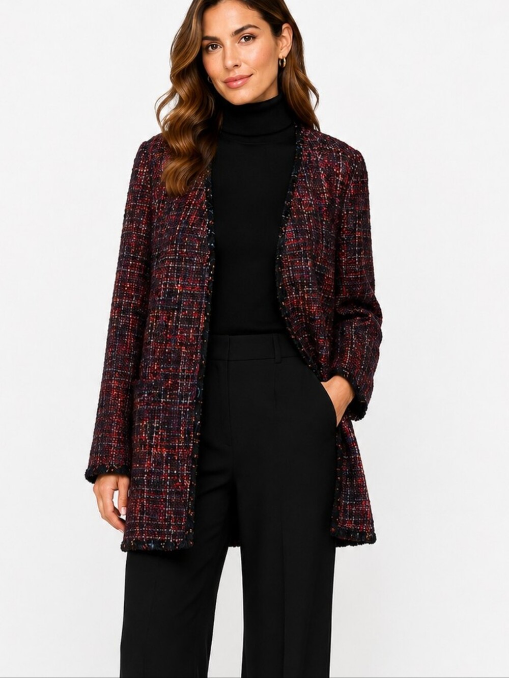 Milly Tweed Open Coat With Fringe Edging